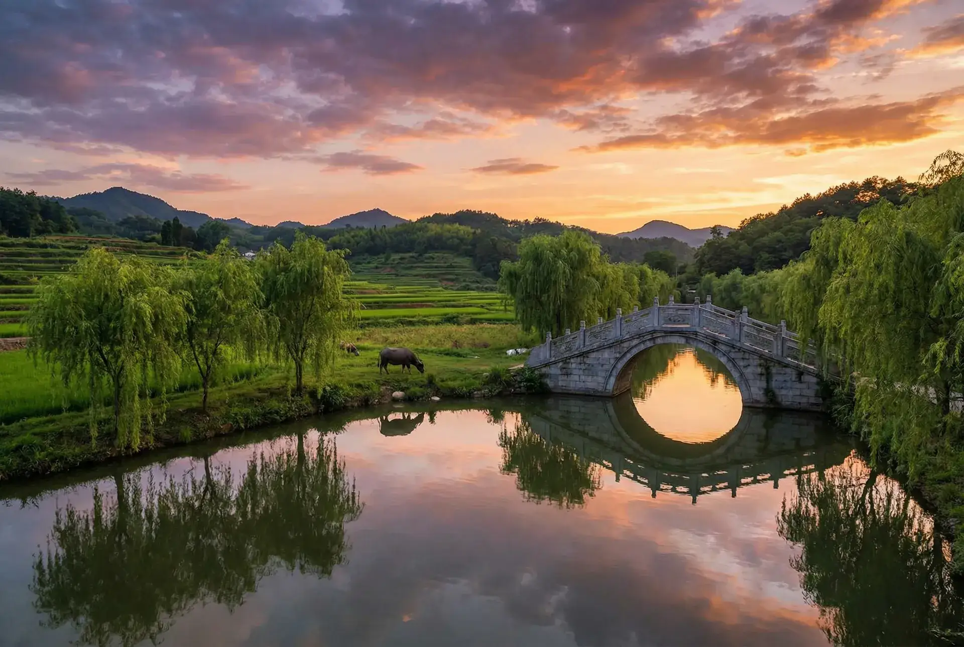 夕阳下的石拱桥与垂柳，水牛在河边吃草 - 精英律师电视剧免费观看 乡村美景